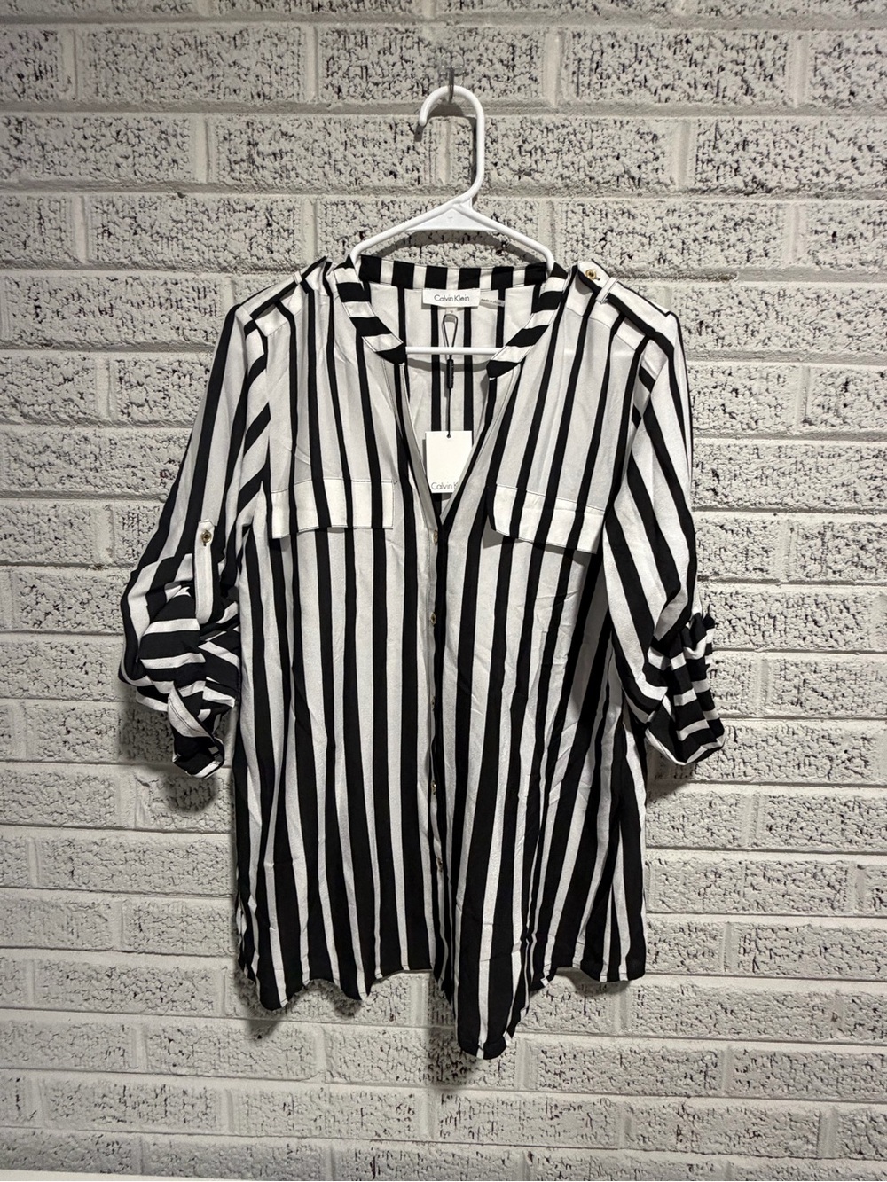 Calvin Klein Vertical Black and White Striped Roll-Tab Blouse